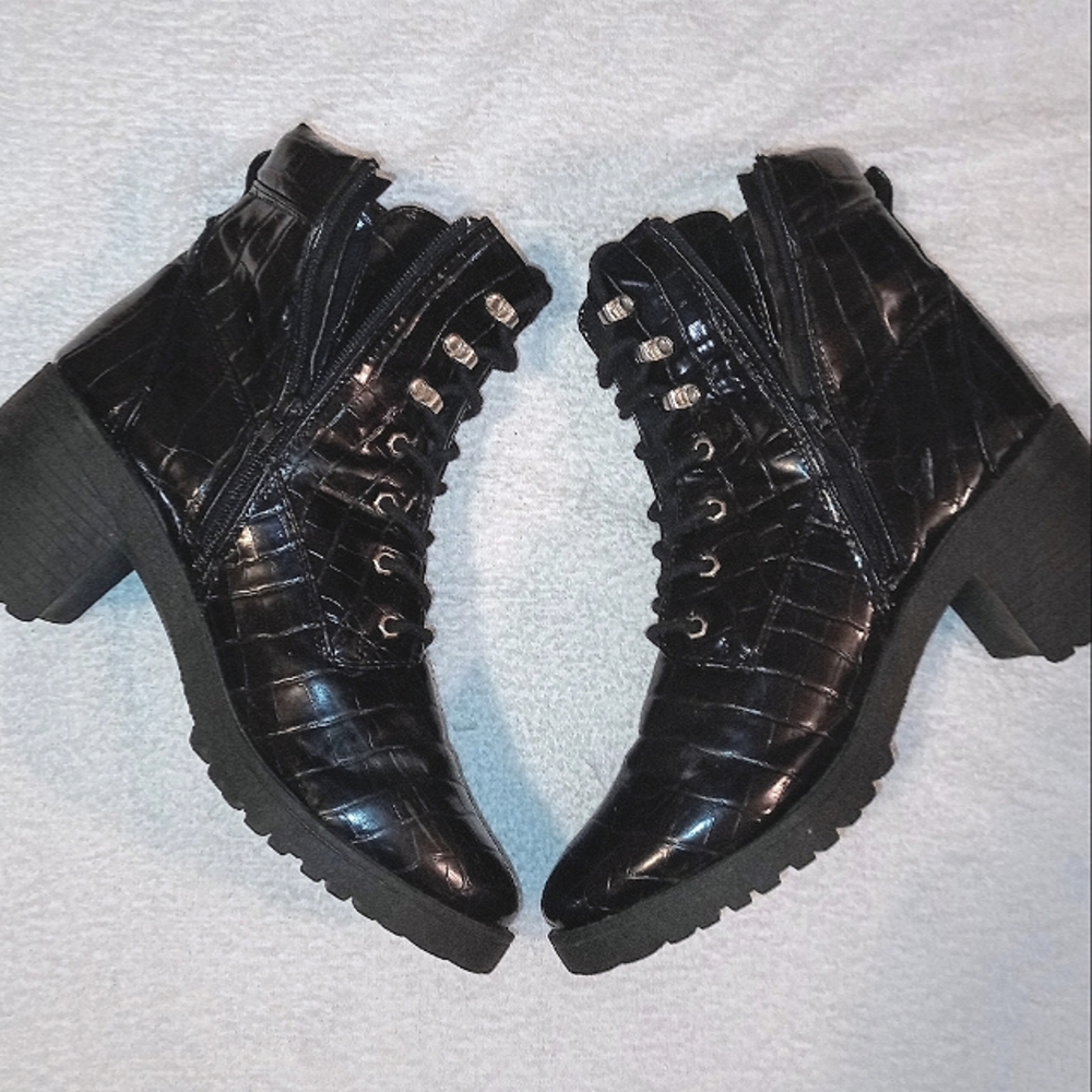 Black, Faux Crocodile, Combat Boots